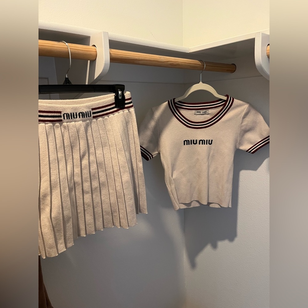 Miu Miu Cream Knit Set with Maroon Trim